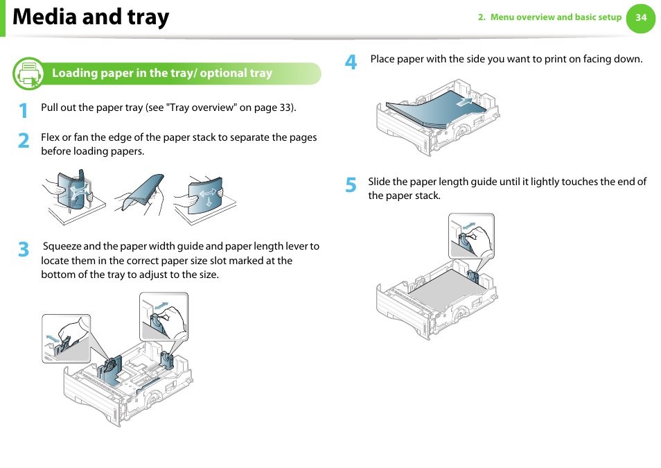 Loading paper in the tray/ optional tray, Media and tray | Samsung ML-4512ND-XAA User Manual | Page 34 / 272