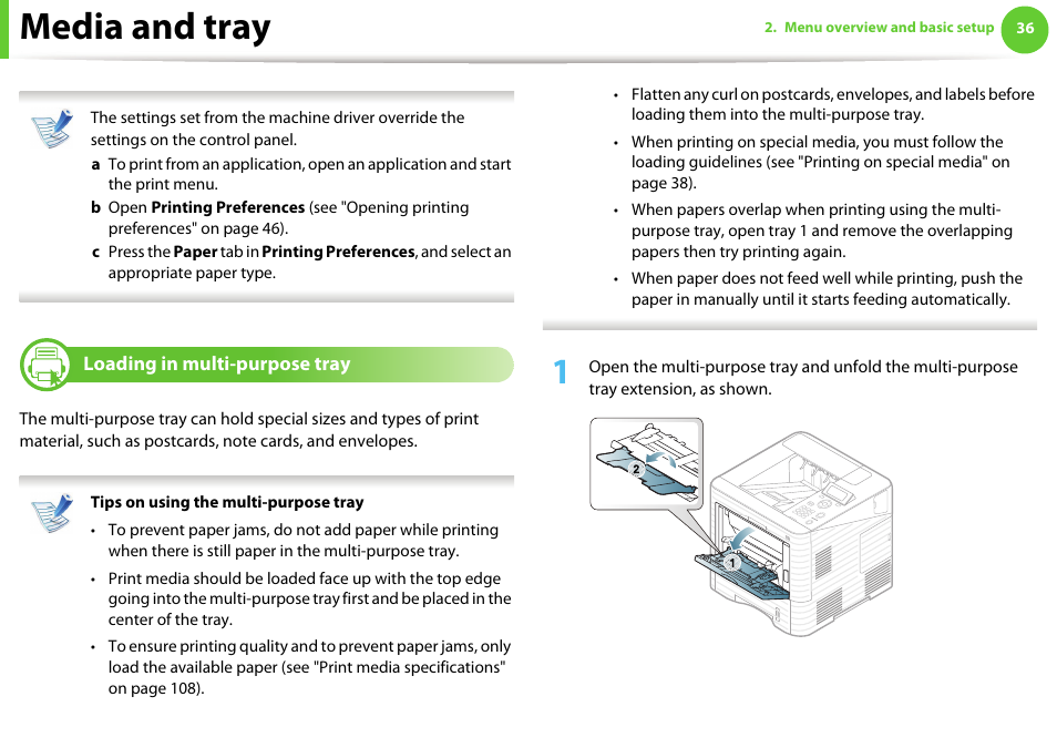 Loading in multi-purpose tray, Media and tray | Samsung ML-4512ND-XAA User Manual | Page 36 / 272