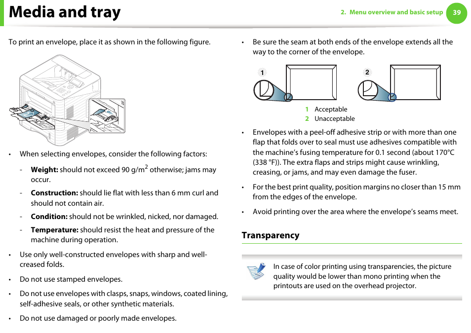 Media and tray, Transparency | Samsung ML-4512ND-XAA User Manual | Page 39 / 272