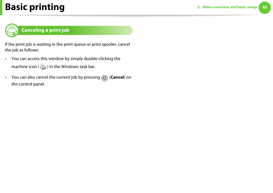 Canceling a print job, Basic printing | Samsung ML-4512ND-XAA User Manual | Page 45 / 272