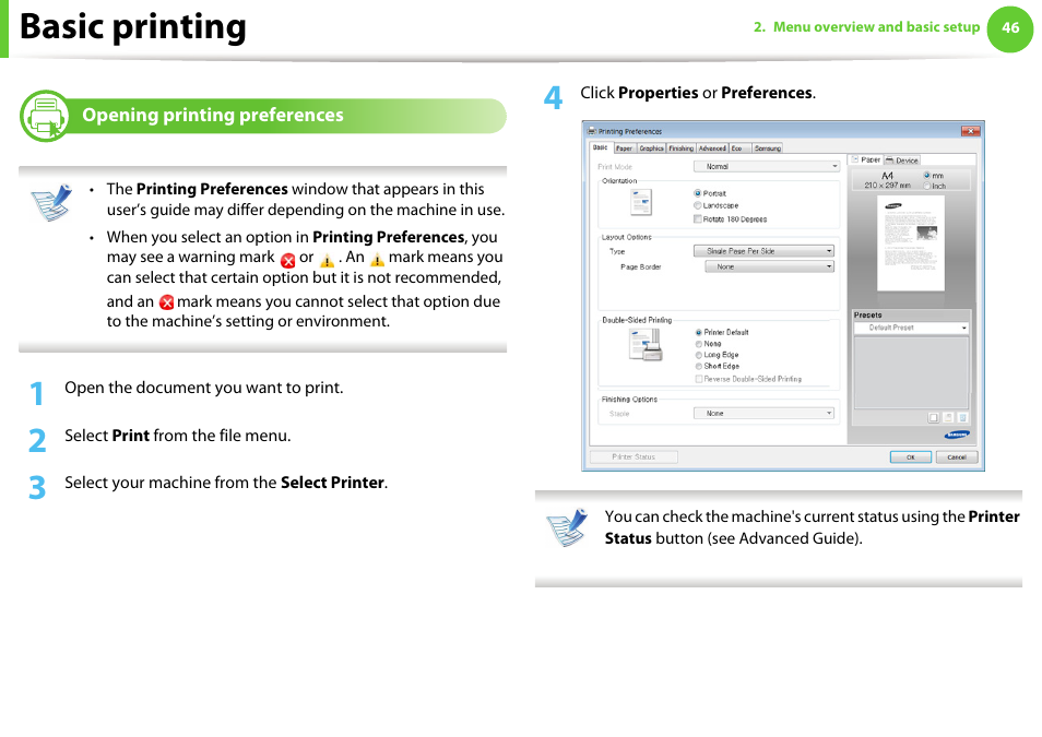 Opening printing preferences, See "opening printing, Basic printing | Samsung ML-4512ND-XAA User Manual | Page 46 / 272