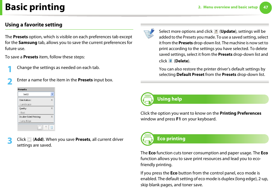 Using help, Eco printing, Basic printing | Samsung ML-4512ND-XAA User Manual | Page 47 / 272