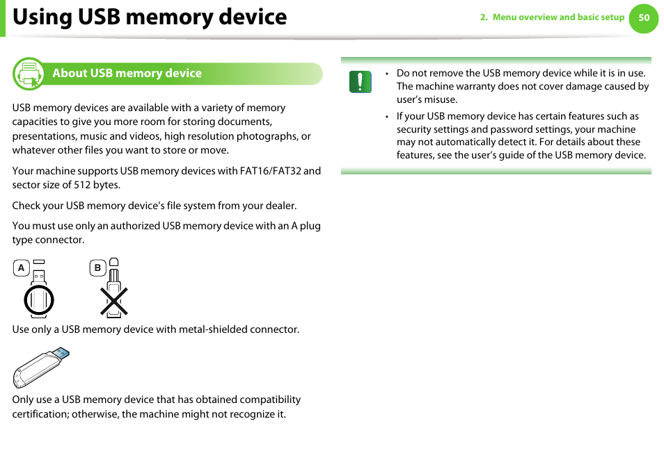 Using usb memory device, About usb memory device | Samsung ML-4512ND-XAA User Manual | Page 50 / 272