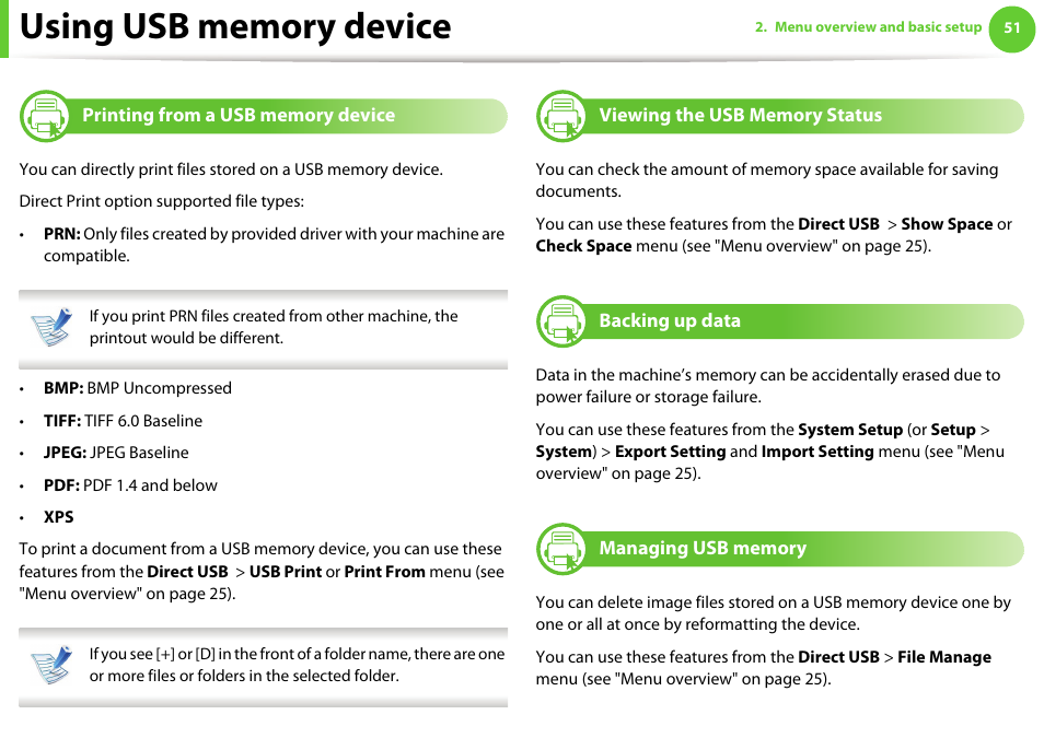 Printing from a usb memory device, Viewing the usb memory status, Backing up data | Managing usb memory | Samsung ML-4512ND-XAA User Manual | Page 51 / 272