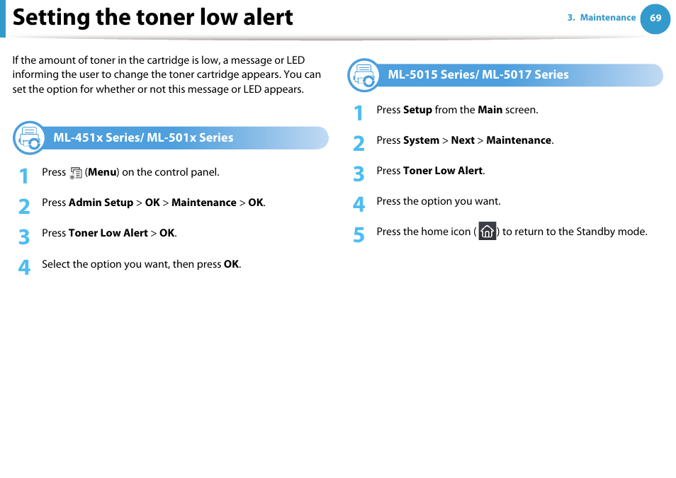 Setting the toner low alert, Ml-451x series/ ml-501x series, Ml-5015 series/ ml-5017 series | Samsung ML-4512ND-XAA User Manual | Page 69 / 272