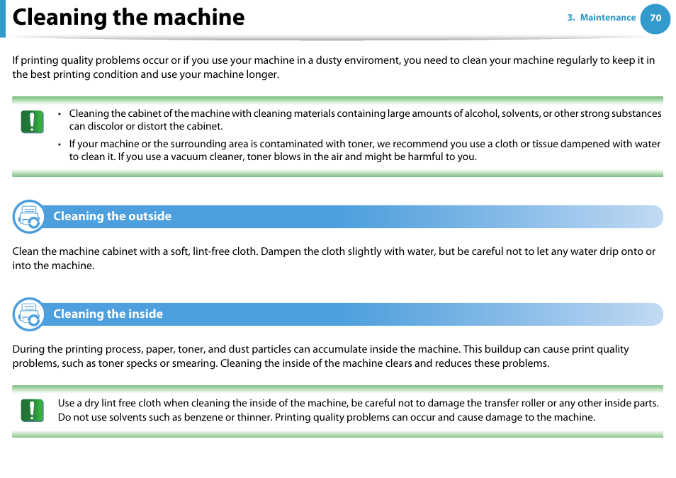 Cleaning the machine, Cleaning the outside, Cleaning the inside | Samsung ML-4512ND-XAA User Manual | Page 70 / 272