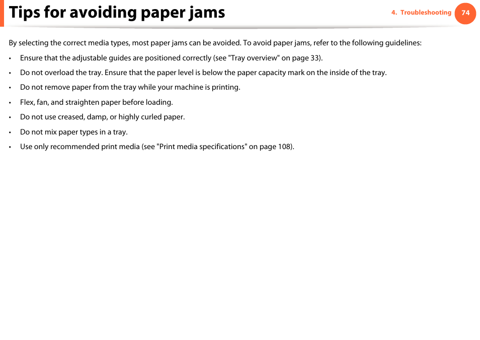 Tips for avoiding paper jams | Samsung ML-4512ND-XAA User Manual | Page 74 / 272