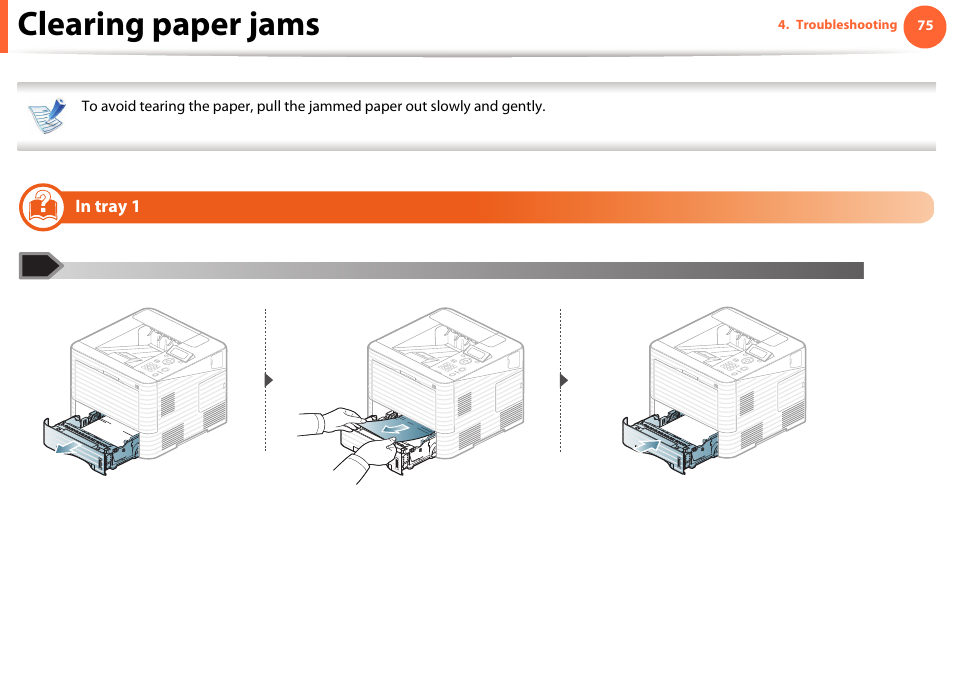 Clearing paper jams, In tray 1 | Samsung ML-4512ND-XAA User Manual | Page 75 / 272