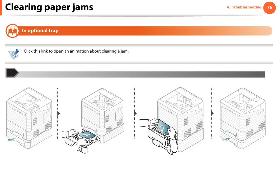 In optional tray, Clearing paper jams | Samsung ML-4512ND-XAA User Manual | Page 76 / 272