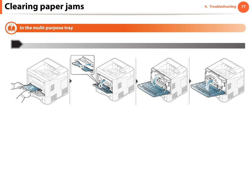 In the multi-purpose tray, Clearing paper jams | Samsung ML-4512ND-XAA User Manual | Page 77 / 272