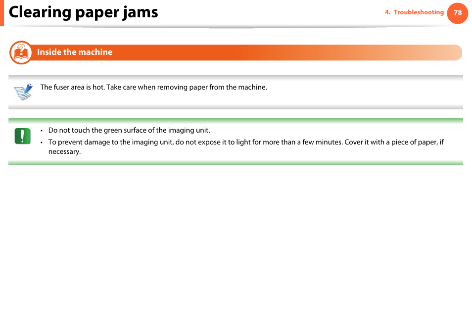 Inside the machine, Clearing paper jams | Samsung ML-4512ND-XAA User Manual | Page 78 / 272