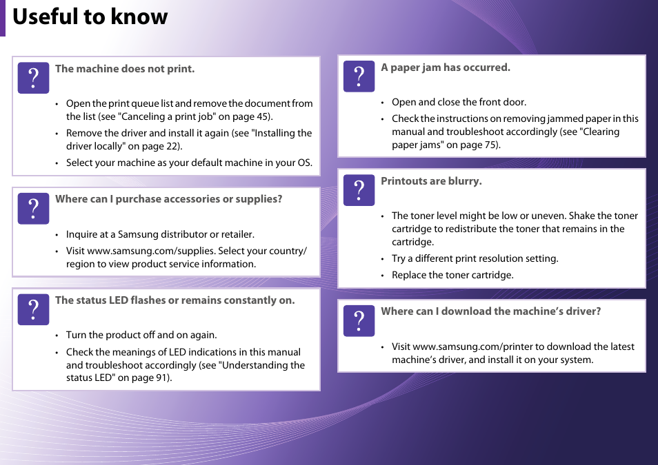 Useful to know | Samsung ML-4512ND-XAA User Manual | Page 8 / 272