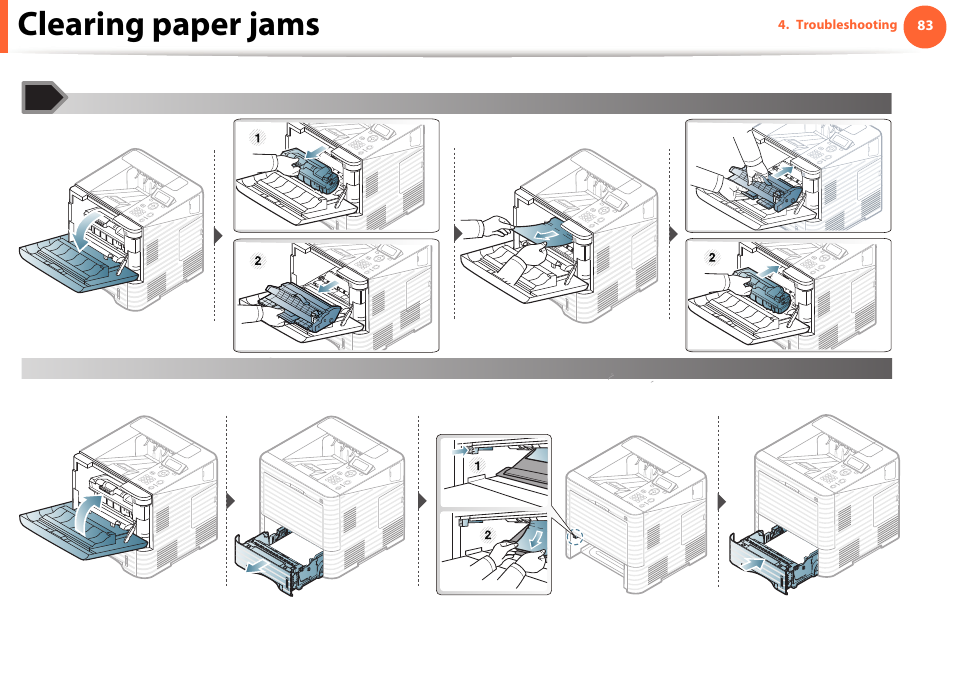 Clearing paper jams | Samsung ML-4512ND-XAA User Manual | Page 83 / 272