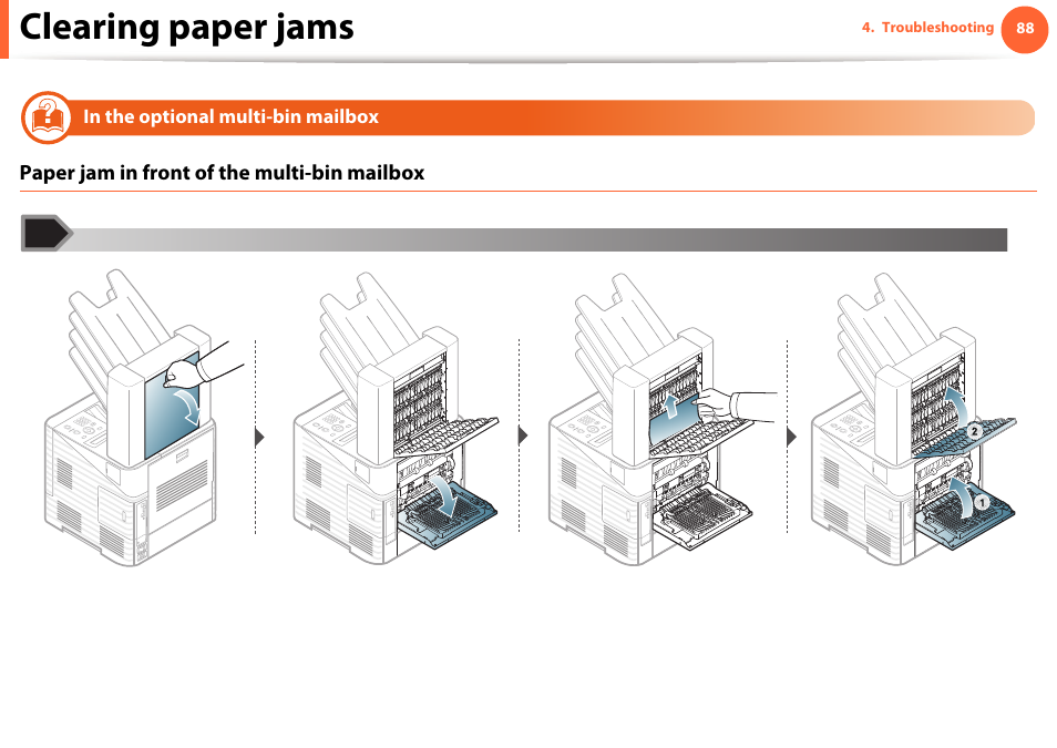 In the optional multi-bin mailbox, Clearing paper jams | Samsung ML-4512ND-XAA User Manual | Page 88 / 272