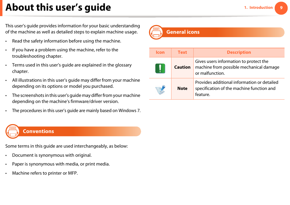 About this user’s guide, Conventions, General icons | Samsung ML-4512ND-XAA User Manual | Page 9 / 272