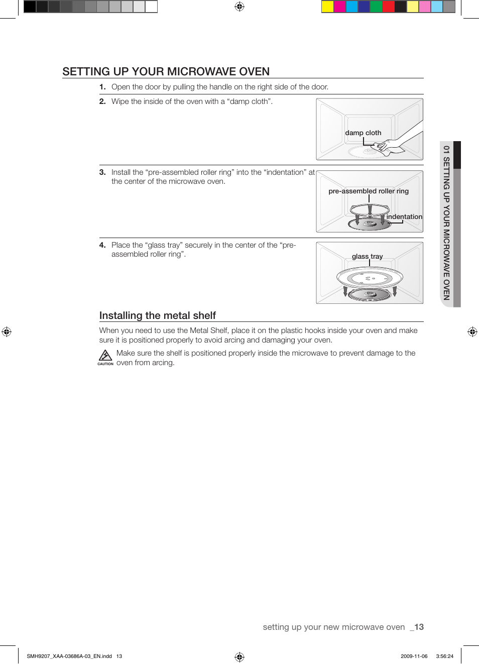 Setting up your microwave oven, Installing the metal shelf | Samsung SMH9207ST-XAA User Manual | Page 13 / 48