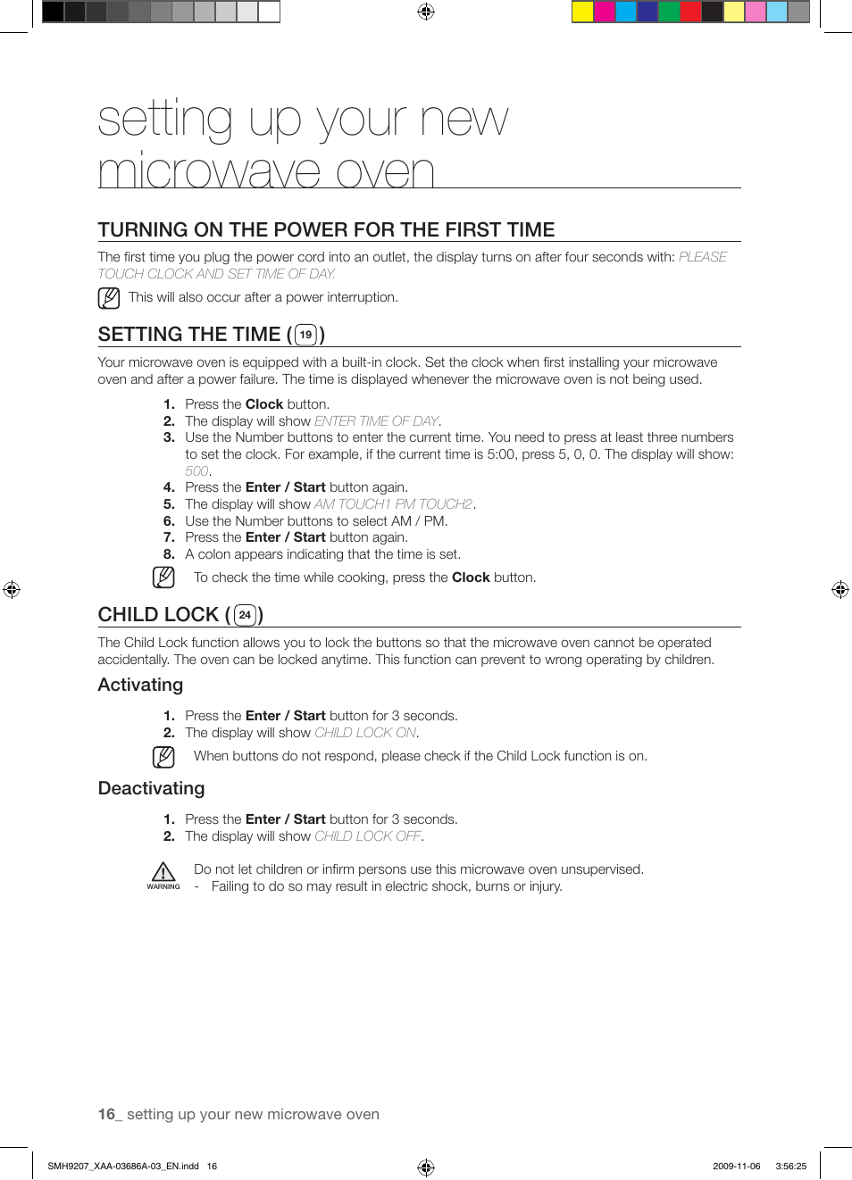 Setting up your new microwave oven, Turning on the power for the first time, Setting the time ( ) | Child lock ( ) | Samsung SMH9207ST-XAA User Manual | Page 16 / 48