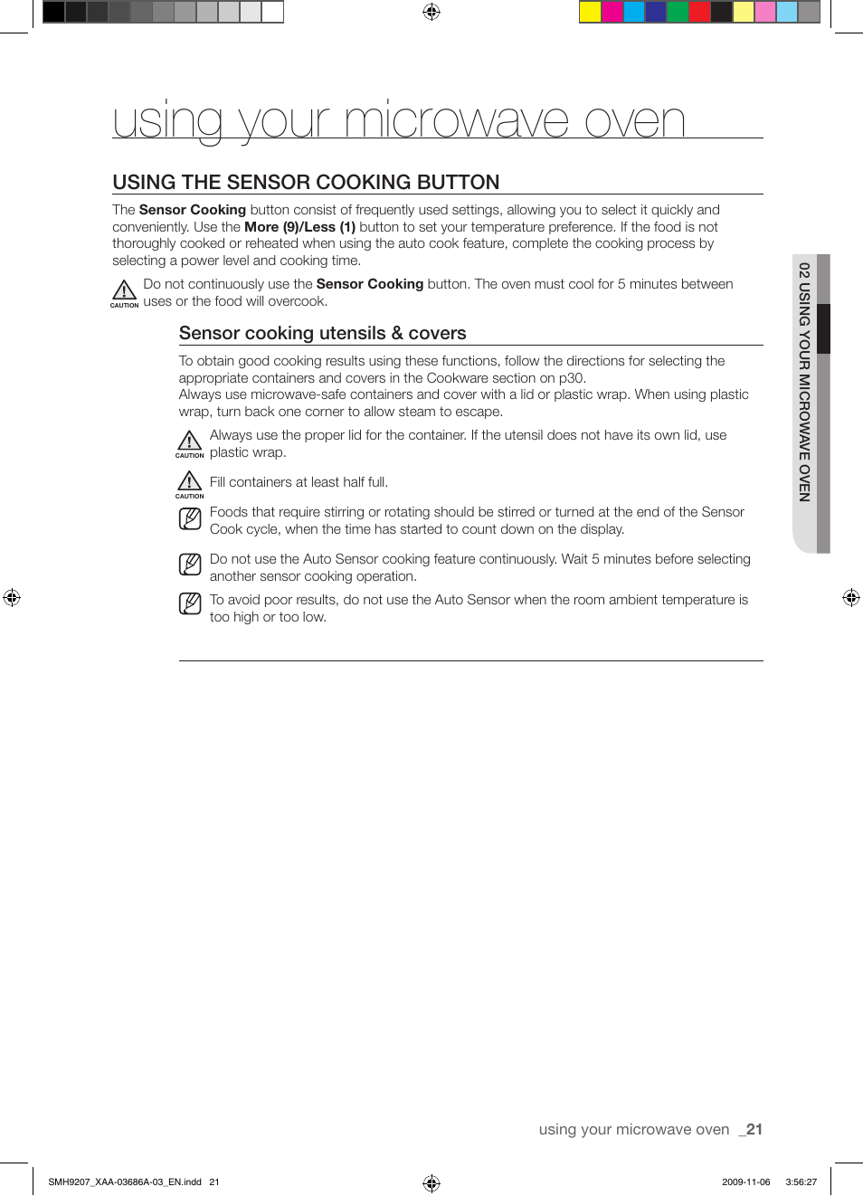 Using your microwave oven, Using the sensor cooking button, Sensor cooking utensils & covers | Samsung SMH9207ST-XAA User Manual | Page 21 / 48