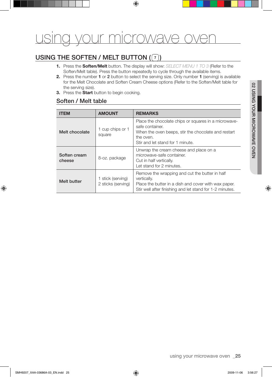 Using your microwave oven, Using the soften / melt button ( ), Soften / melt table | Samsung SMH9207ST-XAA User Manual | Page 25 / 48