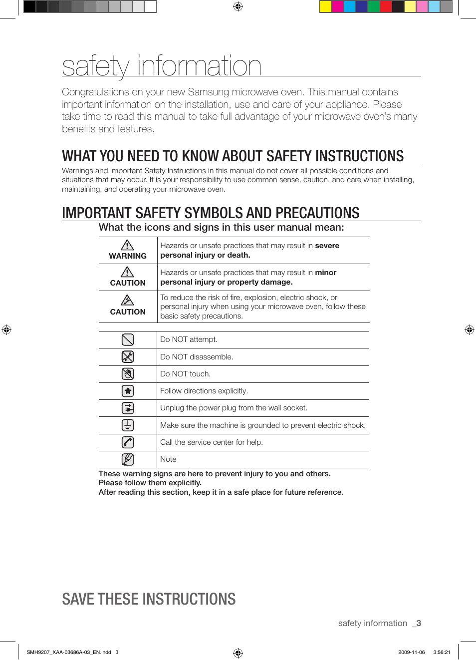 Safety information, Save these instructions, What you need to know about safety instructions | Important safety symbols and precautions | Samsung SMH9207ST-XAA User Manual | Page 3 / 48