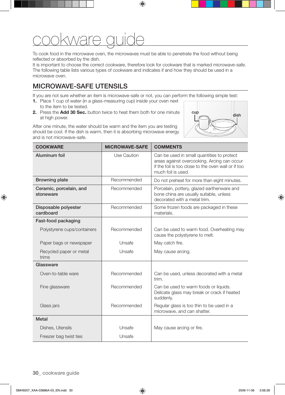 Cookware guide, Microwave-safe utensils | Samsung SMH9207ST-XAA User Manual | Page 30 / 48