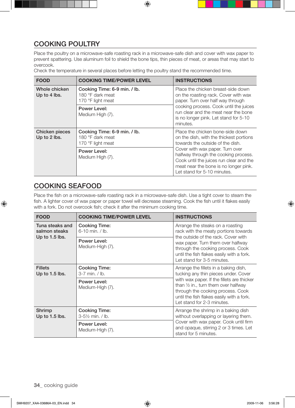 Cooking poultry, Cooking seafood | Samsung SMH9207ST-XAA User Manual | Page 34 / 48