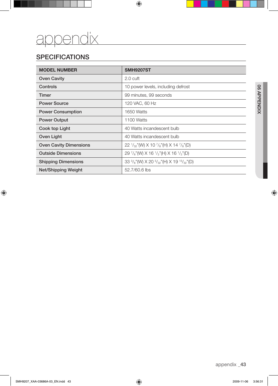 Appendix, Specifications | Samsung SMH9207ST-XAA User Manual | Page 43 / 48