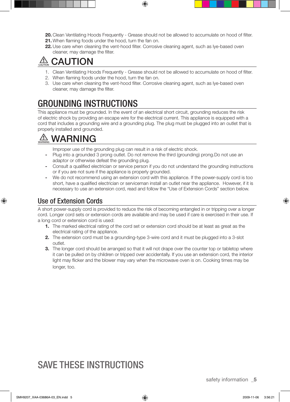 Save these instructions, Caution, Grounding instructions | Warning, Use of extension cords | Samsung SMH9207ST-XAA User Manual | Page 5 / 48