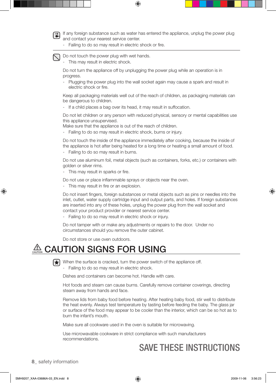 Save these instructions, Caution signs for using | Samsung SMH9207ST-XAA User Manual | Page 8 / 48