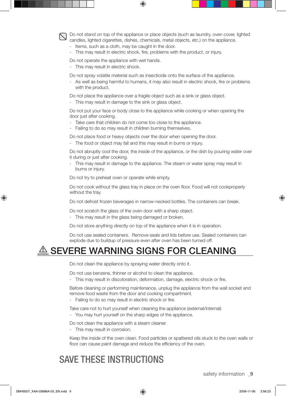 Save these instructions, Severe warning signs for cleaning | Samsung SMH9207ST-XAA User Manual | Page 9 / 48