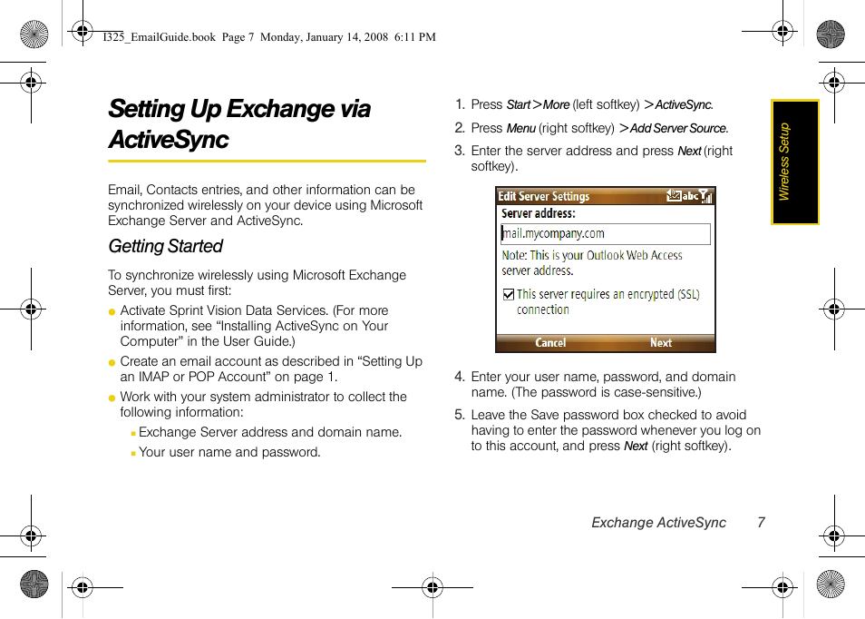 Setting up exchange via activesync, Getting started | Samsung SPH-I325DLASPR User Manual | Page 10 / 13