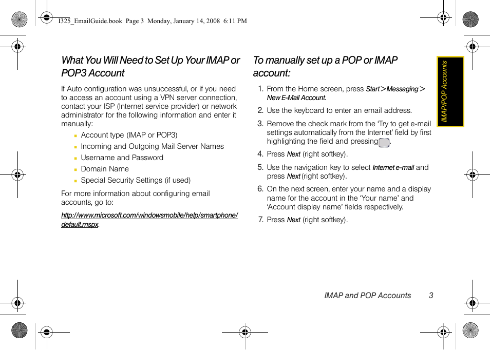 To manually set up a pop or imap account | Samsung SPH-I325DLASPR User Manual | Page 6 / 13