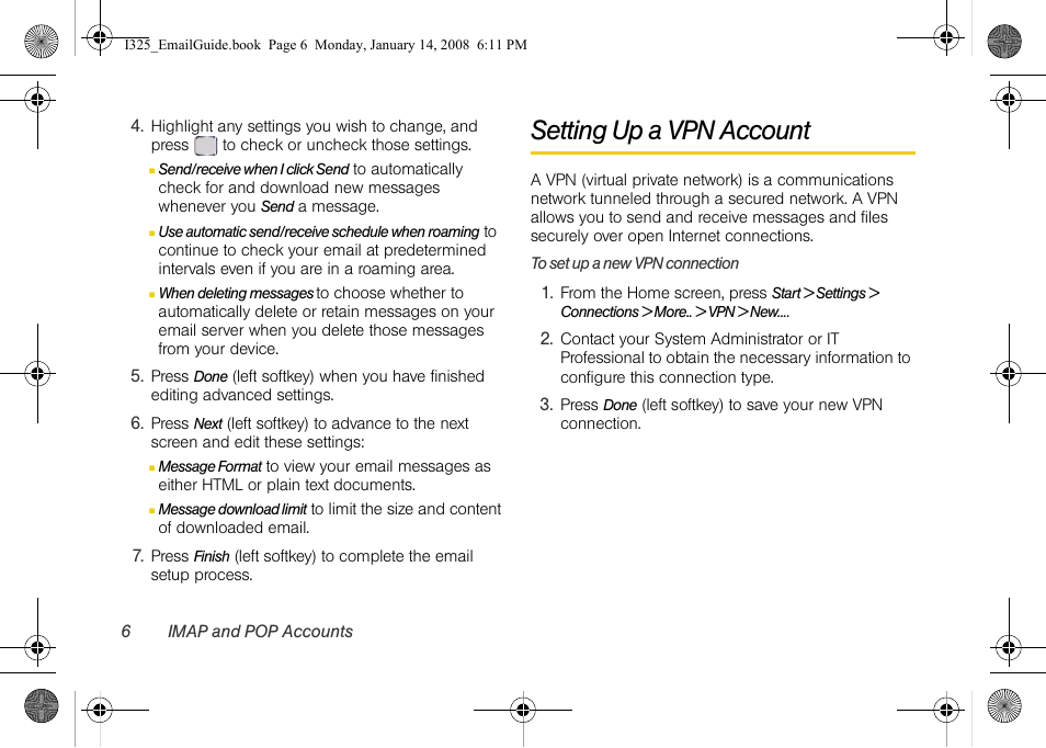 Setting up a vpn account | Samsung SPH-I325DLASPR User Manual | Page 9 / 13