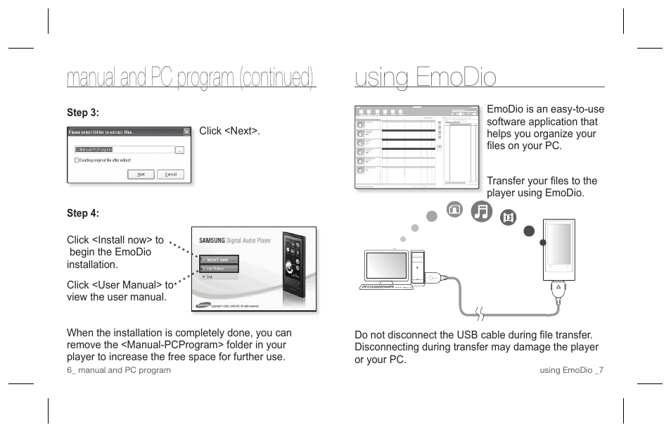 Using emodio, Manual and pc program (continued) | Samsung YP-P3JCS-XAA User Manual | Page 4 / 6