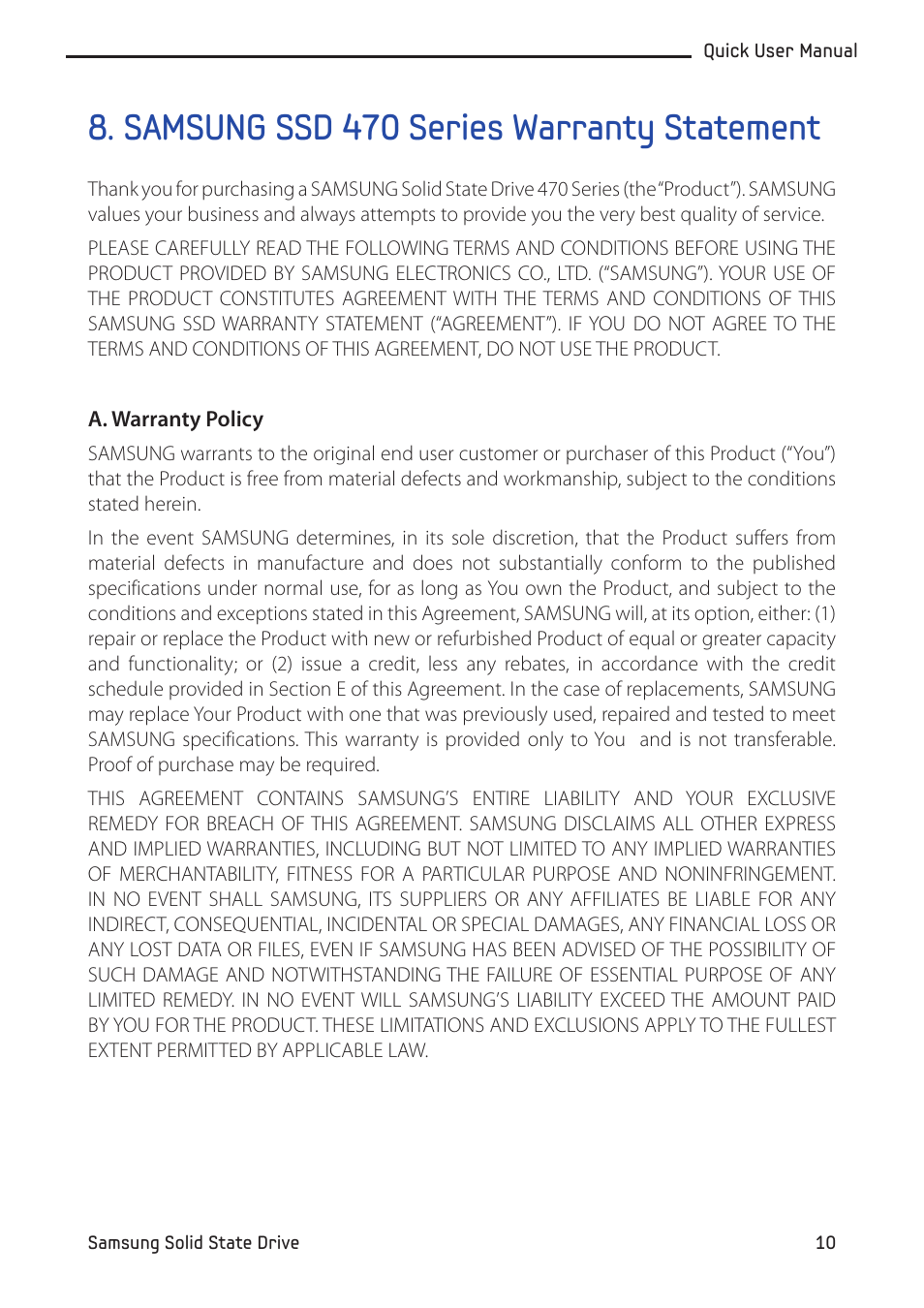 Samsung ssd 470 series warranty statement | Samsung MZ-5PA064-US User Manual | Page 10 / 14