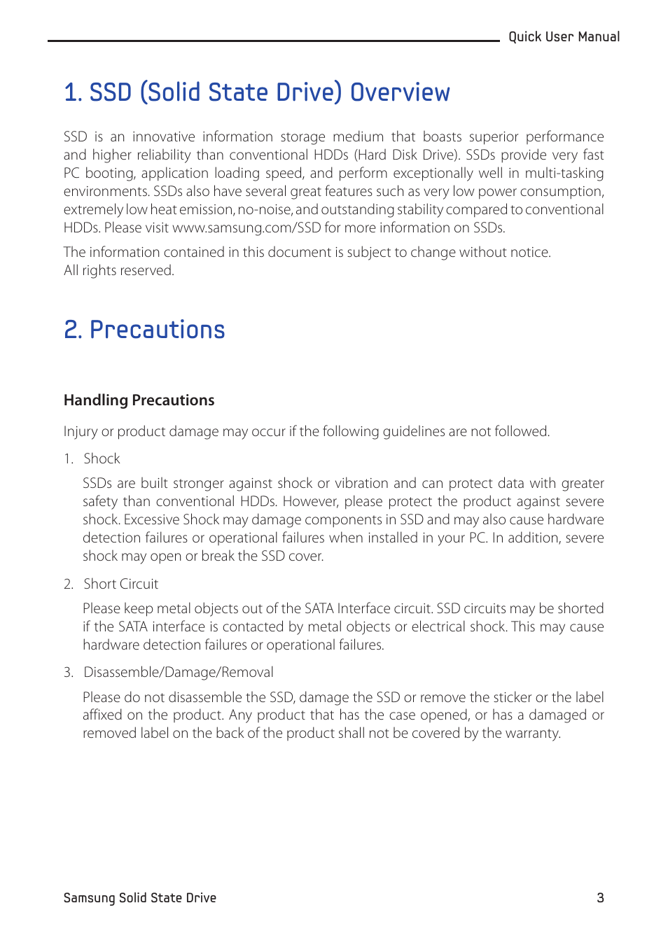Ssd (solid state drive) overview, Precautions, Handling precautions | Samsung MZ-5PA064-US User Manual | Page 3 / 14