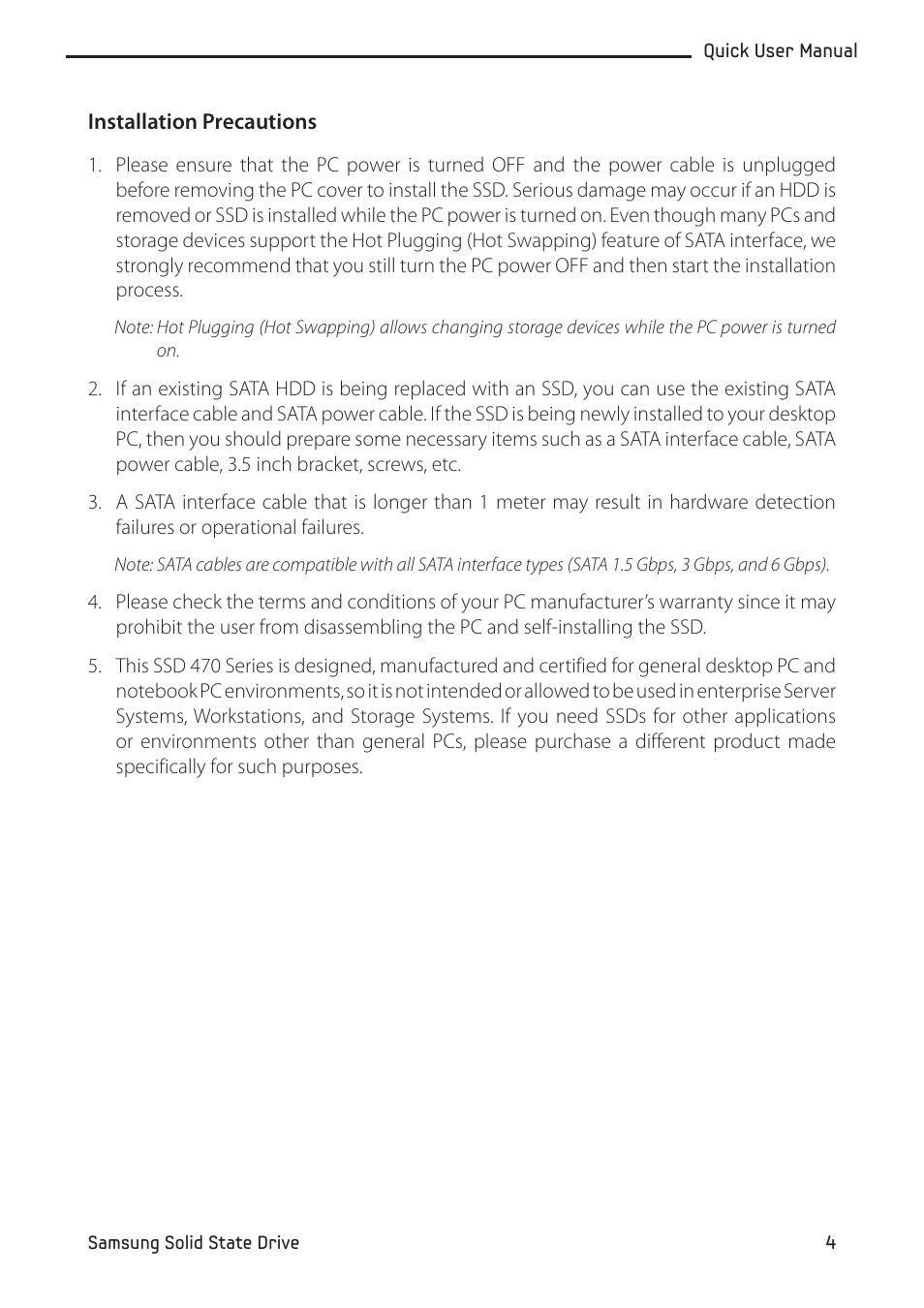 Installation precautions | Samsung MZ-5PA064-US User Manual | Page 4 / 14