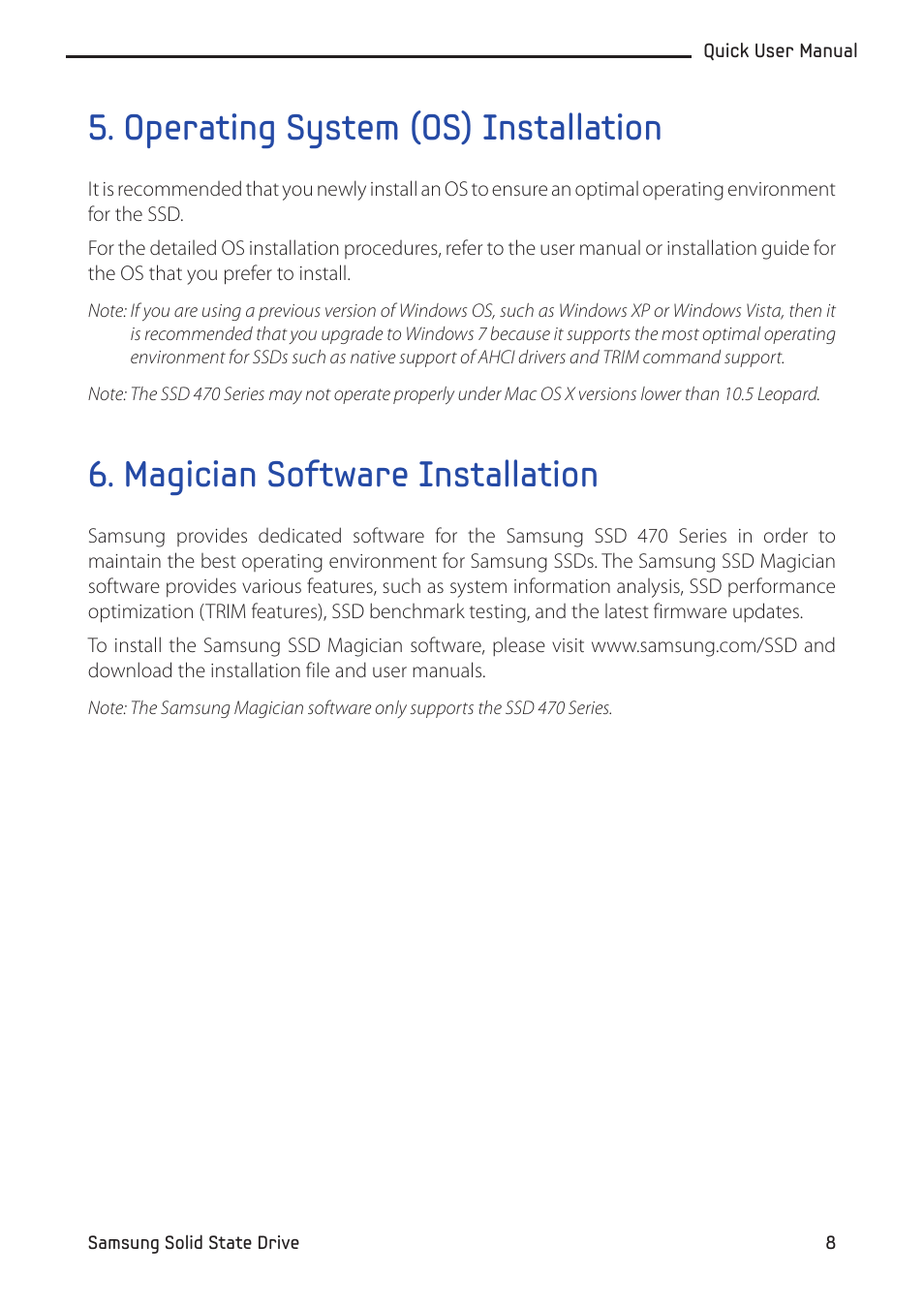 Operating system (os) installation, Magician software installation | Samsung MZ-5PA064-US User Manual | Page 8 / 14