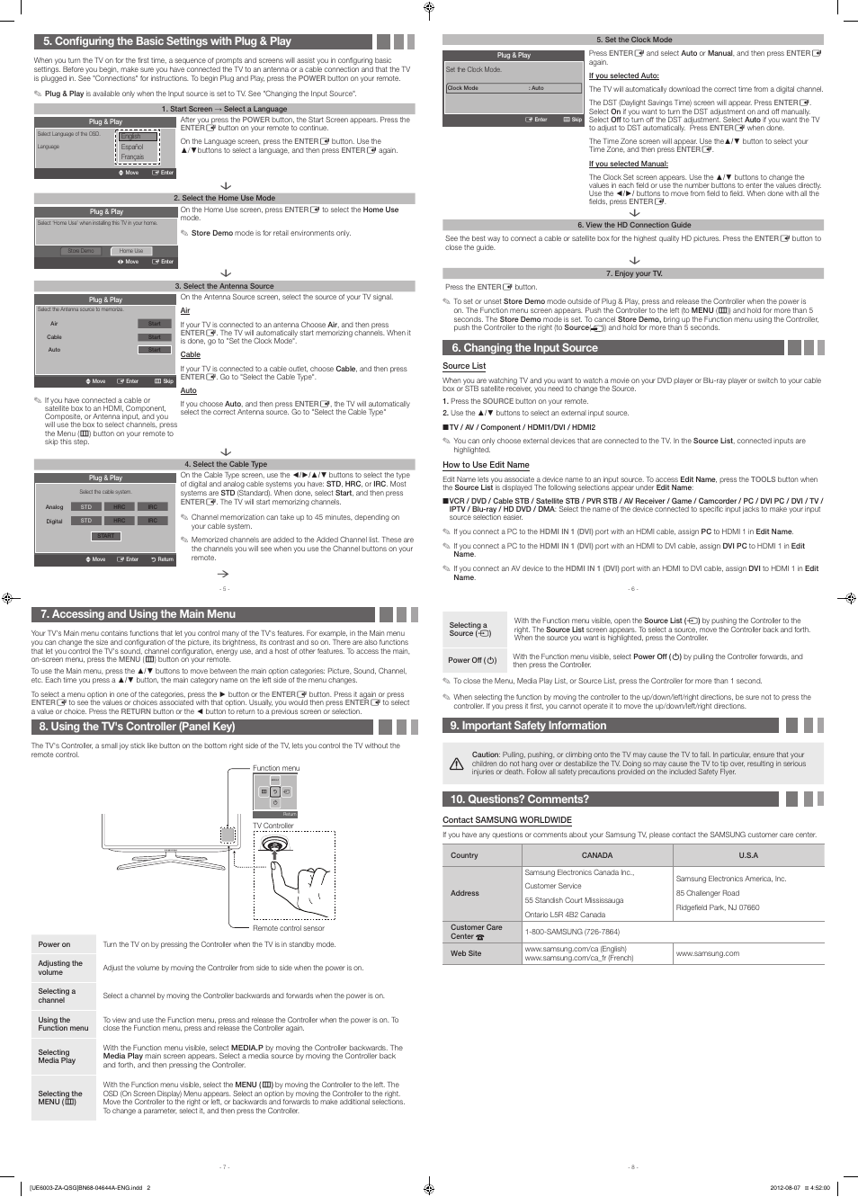 Changing the input source, Accessing and using the main menu, Using the tv's controller (panel key) | Configuring the basic settings with plug & play, Important safety information, Questions? comments | Samsung UN60ES6003FXZA User Manual | Page 2 / 2