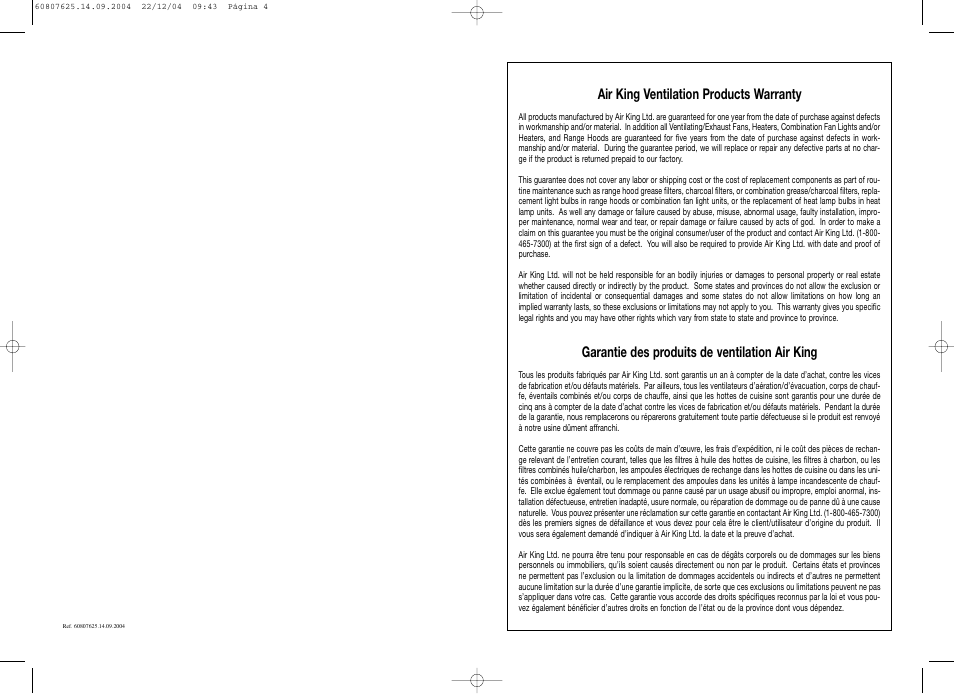 Air king ventilation products warranty, Garantie des produits de ventilation air king | Air King NAV36SS User Manual | Page 2 / 6