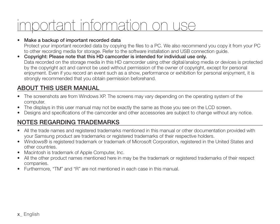 About this user manual, Notes regarding trademarks, Important information on use | Samsung SC-HMX20C-XAA User Manual | Page 10 / 135