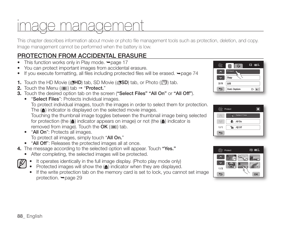 Image management, Protection from accidental erasure | Samsung SC-HMX20C-XAA User Manual | Page 100 / 135