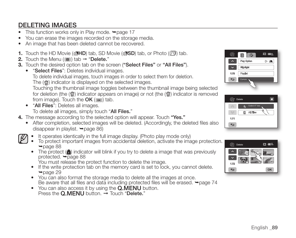 Deleting images, Q.menu | Samsung SC-HMX20C-XAA User Manual | Page 101 / 135