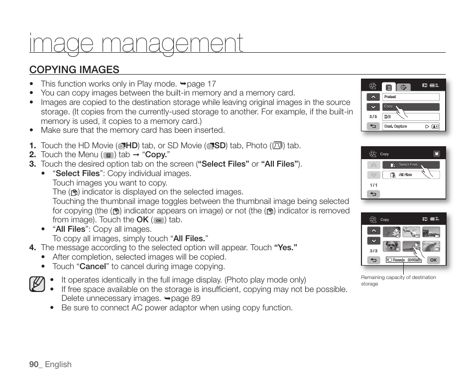 Copying images, Image management | Samsung SC-HMX20C-XAA User Manual | Page 102 / 135