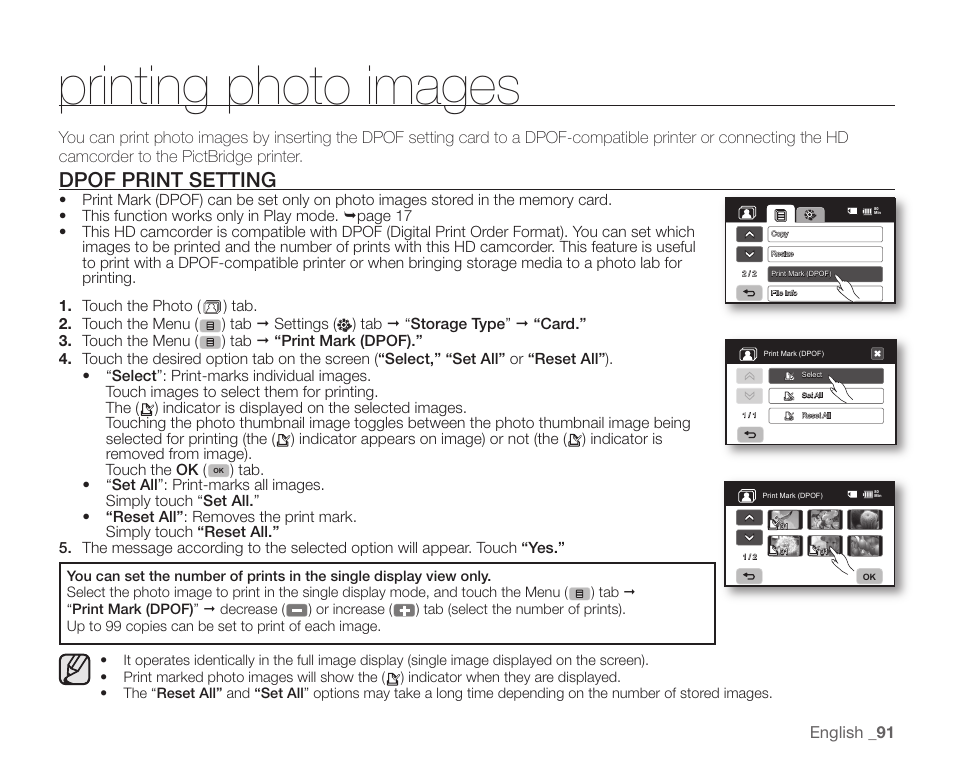 Printing photo images, Dpof print setting | Samsung SC-HMX20C-XAA User Manual | Page 103 / 135