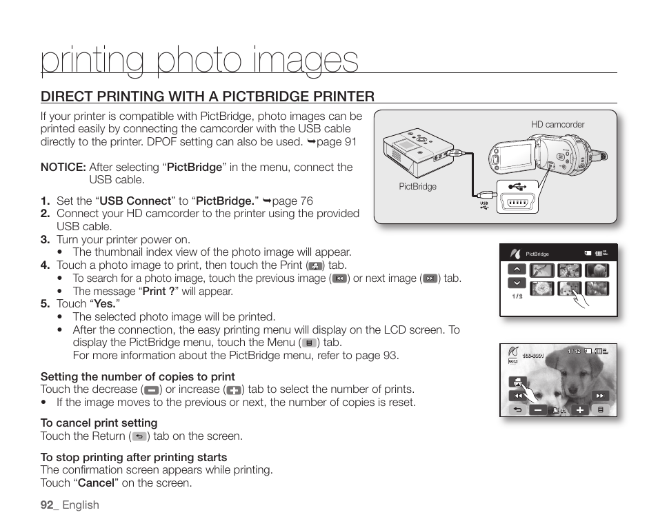 Direct printing with a pictbridge printer, Printing photo images | Samsung SC-HMX20C-XAA User Manual | Page 104 / 135