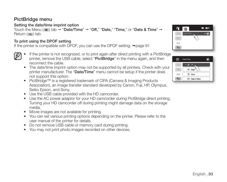 Pictbridge menu | Samsung SC-HMX20C-XAA User Manual | Page 105 / 135