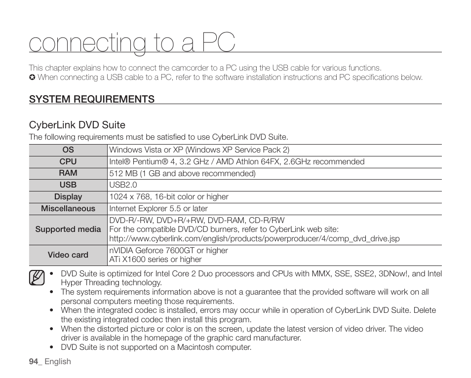 Connecting to a pc, System requirements | Samsung SC-HMX20C-XAA User Manual | Page 106 / 135