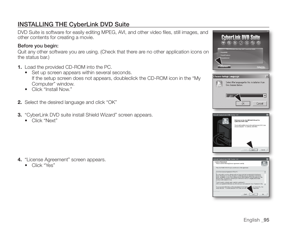 Installing the cyberlink dvd suite | Samsung SC-HMX20C-XAA User Manual | Page 107 / 135