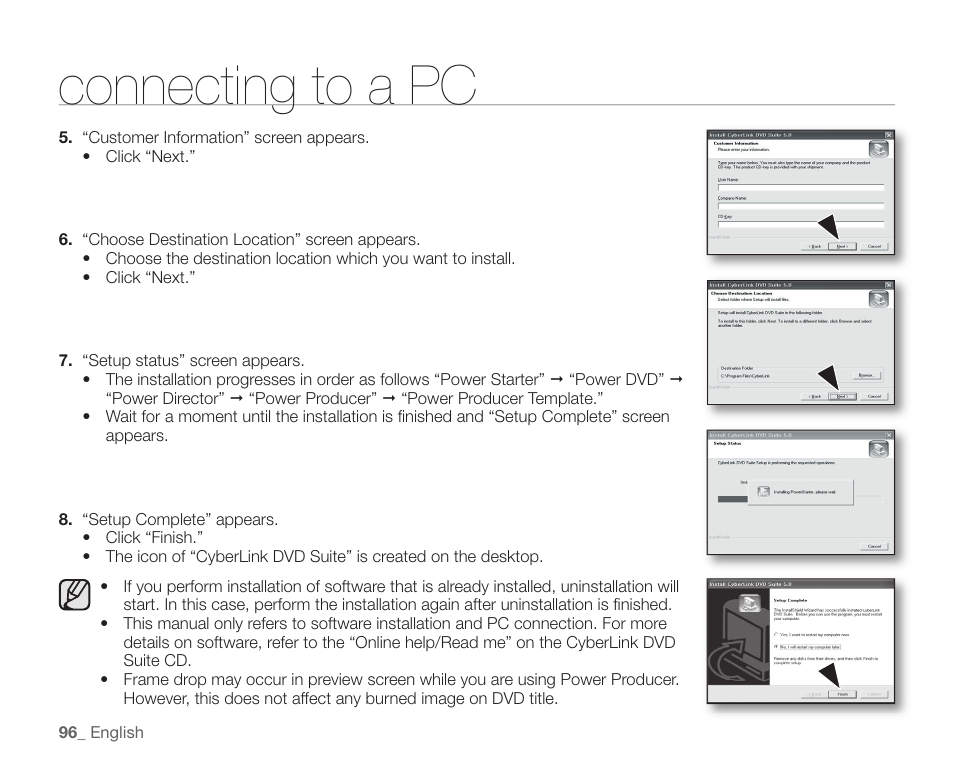 Connecting to a pc | Samsung SC-HMX20C-XAA User Manual | Page 108 / 135